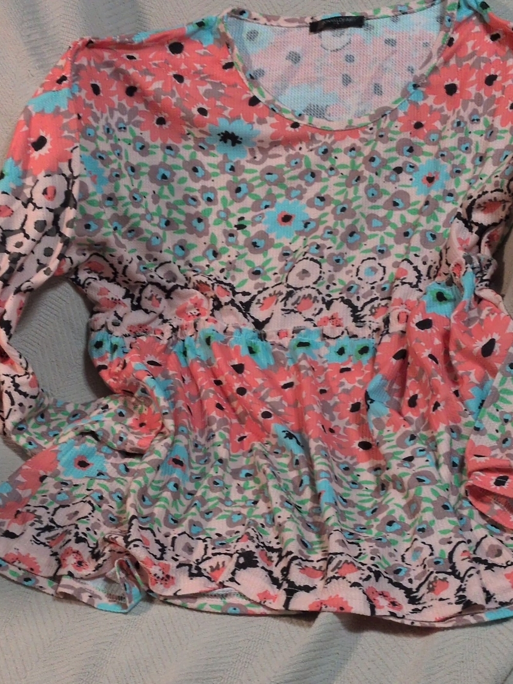 Coral & Aqua Floral Peplum Long-Sleeve Blouse